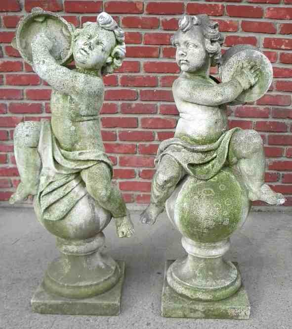 Pair Fantastic Old Concrete Garden 40" High Cherubs: Pair Fantastic Old Concrete Garden 40" High Cherubs playing musical instruments, from Brooklyn, N.Y. brownstone backyard, overall real nice condition, nice patina....Great addition to any home garden