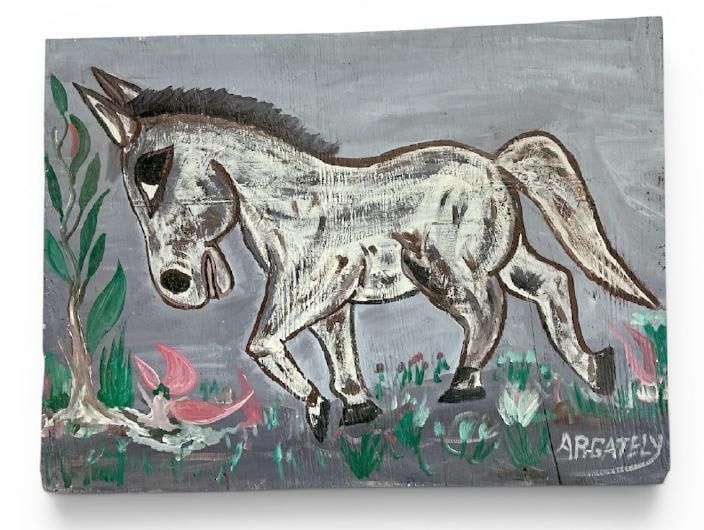 A.R. Gately Folk Art o/b of a horse, signed lower right, on wood panel. Measures 25" x 33". This is: A.R. Gately Folk Art o/b of a horse, signed lower right, on wood panel. Measures 25" x 33". This is the final auction of artwork from the Hudson, New York estate of Albert Burnette Roberts, it's been 