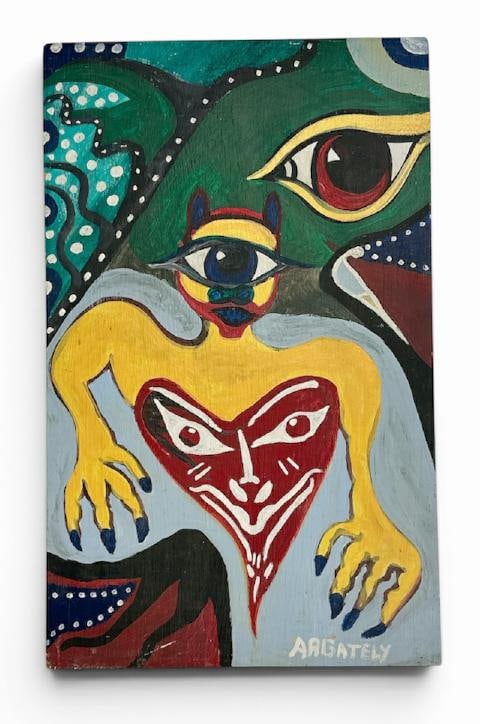 A.R. Gately Folk Art o/b impressionist face with heart shaped face on body, nice overall condition,: A.R. Gately Folk Art o/b impressionist face with heart shaped face on body, nice overall condition, signed lower right. Painting measures 39" x 24". This is the final auction of artwork from the Hudso