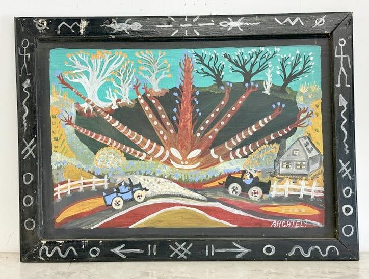A.R. Gately Folk Art o/b fantast landscape with cars driving towards each other, signed lower right,: A.R. Gately Folk Art o/b fantast landscape with cars driving towards each other, signed lower right, in painted frame, painting measures 20" x 29", the frame measures 24" x 33". This is the final auct