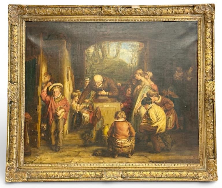 Late 19th c o/c with Teacher & Pupils, unsigned, in later carved frame ( small piece of molding off (1 of 4)
