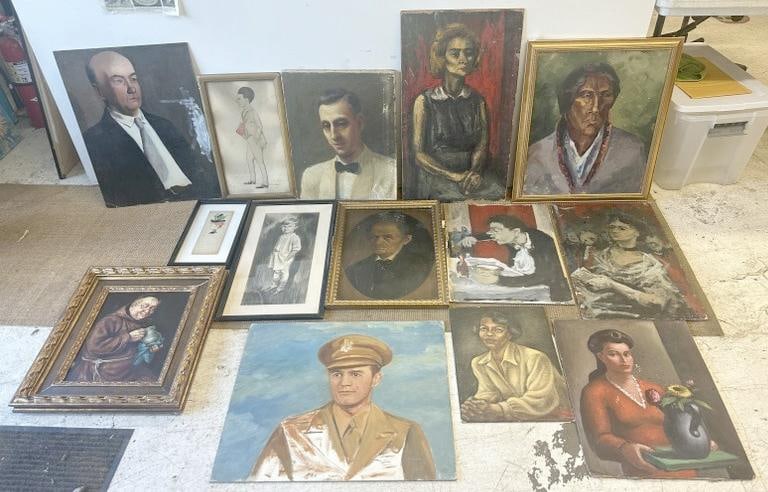 (14) paintings and drawing portraits, good mix, some on canvas, some on board, some signed, some (1 of 12)