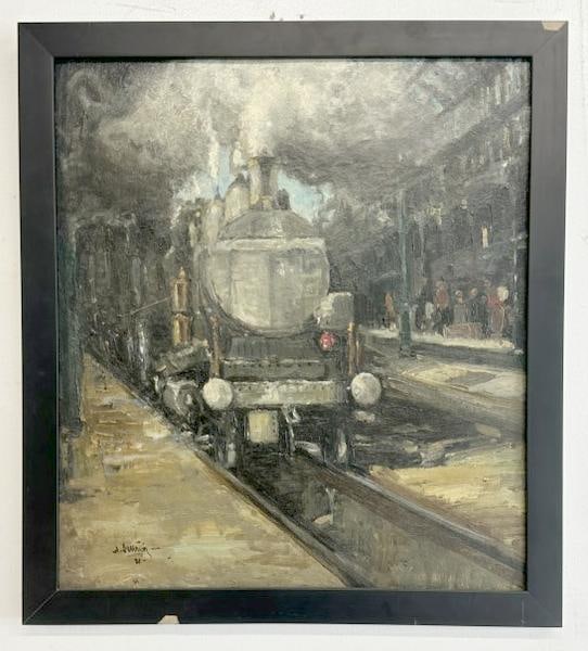 Circa 1920's impressionist o/b of Locomotive at station with people and buildings in background. (1 of 5)