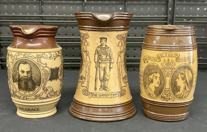 (3) DOULTON LAMBETH ceramic decorated pitchers, in nice overall condition, to show scale the tallest (1 of 5)