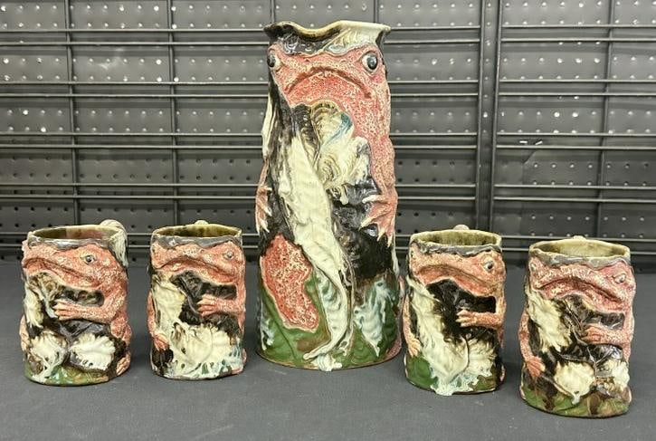 Interesting ceramic Frog pitcher & (4) mugs, no markings, from local Hudson Valley home, nice (1 of 8)