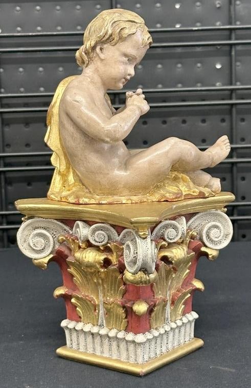 Nicely carved and painted wood Cherub on a pedestal, ( small piece of his foot is off ), just as we (1 of 5)