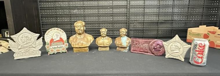 (7) pc. Metal wares Chairman Mao lot to include (3) brass busts with oxidation to brass and some (1 of 4)