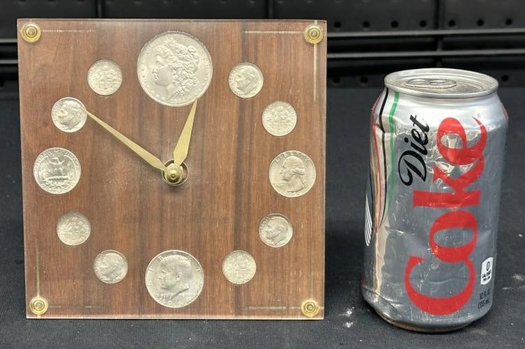 Lucite standing clock with (12) silver coins representing the numbers ( all 1964 except the 1884 (1 of 2)