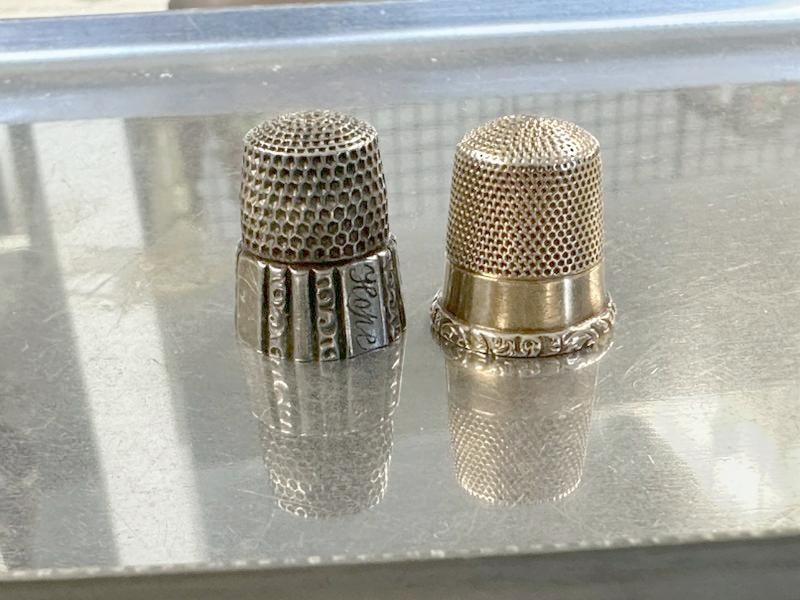 (2) old thimbles (1) 10K and weighs 1.9 pennyweights, other from same estate is sterling silver and (1 of 3)