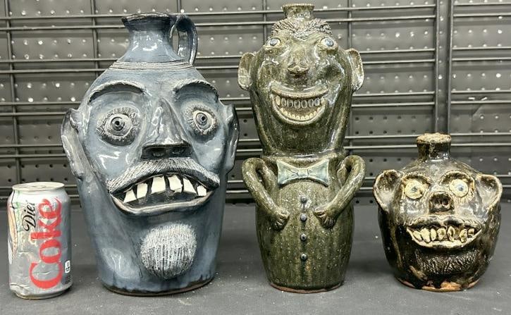 (3) folkart stoneware face jugs, by three different Artists, all in very nice overall condition, (1 of 9)
