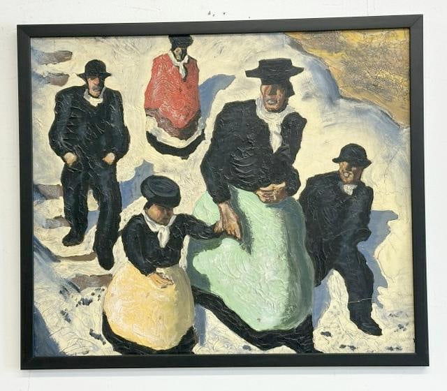 In the manner of Alfons Walde o/b with people walking, unsigned, has paint crackling, in black (1 of 4)