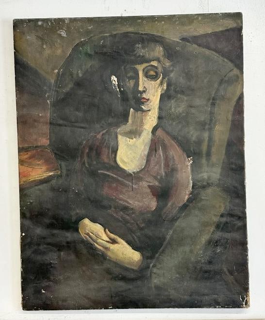 As found Modernist portrait of a Woman, in manner of Alice Neel, canvas has holes as pictured, (1 of 4)