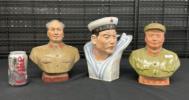 (3) porcelain Chinese Cultural Revolution busts, in very nice condition, to show scale the tallest: (3) porcelain Chinese Cultural Revolution busts, in very nice condition, to show scale the tallest measures 10" high. Circa 1960's.