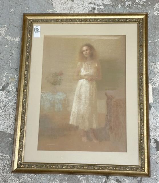 Gilles Gauvreau pastel of young Woman in long white dress, very nice condition, signed lower left. (1 of 3)