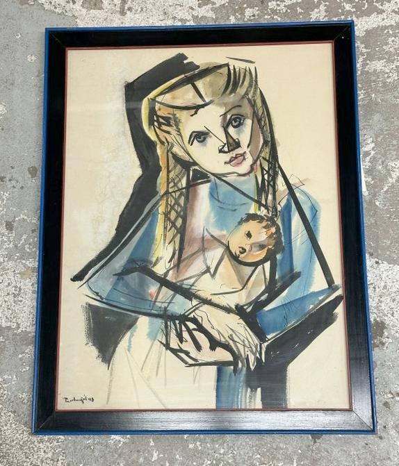 Modernist watercolor of Mother & Child, signed illegibly lower left, and dated ( 1948 ), nice (1 of 4)