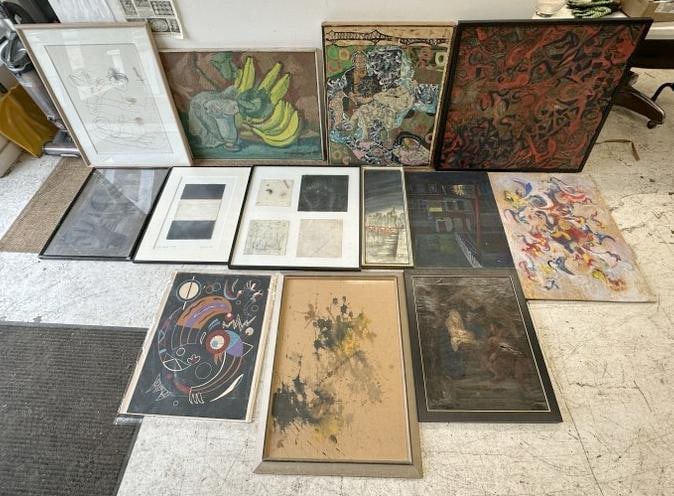 (13) abstract & impressionist paintings and drawings, (1) screen print, some in better condition (1 of 15)