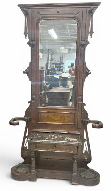 Victorian era marble top black walnut & burl hall tree with (2) cast iron inserts intact for (1 of 5)