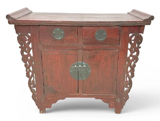 Chinese red lacquered console table or altar table, structurally sound, original finish, some age: Chinese red lacquered console table or altar table, structurally sound, original finish, some age wear to finish, measures 43" wide x 35" high x 19" deep.
