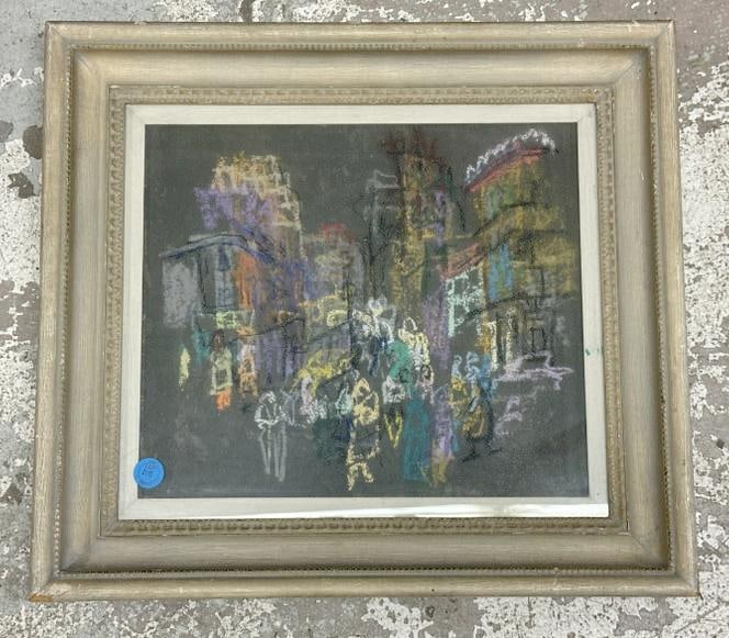 Impressionist pastel cityscape with people in foreground, signed illegibly lower right, in nice: Impressionist pastel cityscape with people in foreground, signed illegibly lower right, in nice frame, has STAIR GALLERY label on front, nice overall condition, pastel measures 13" x 15", the frame me