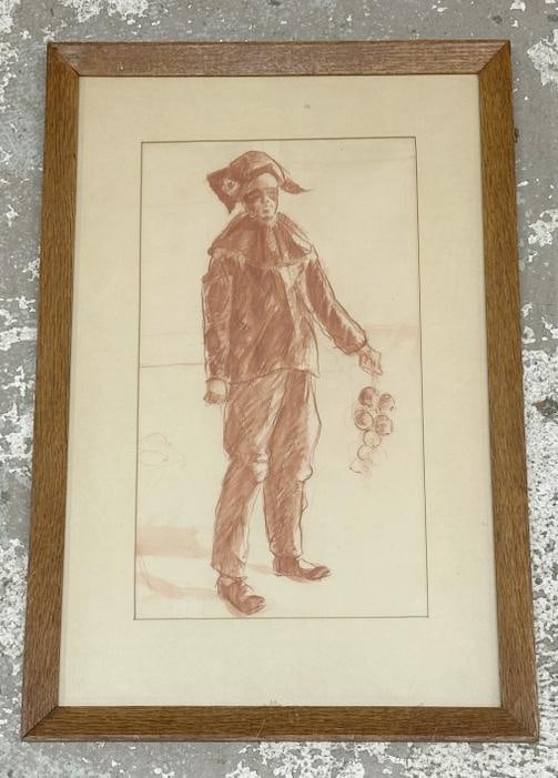 Red chalk drawing of a Jester, unsigned, nice overall condition, drawing measures 15" x 9", the (1 of 2)