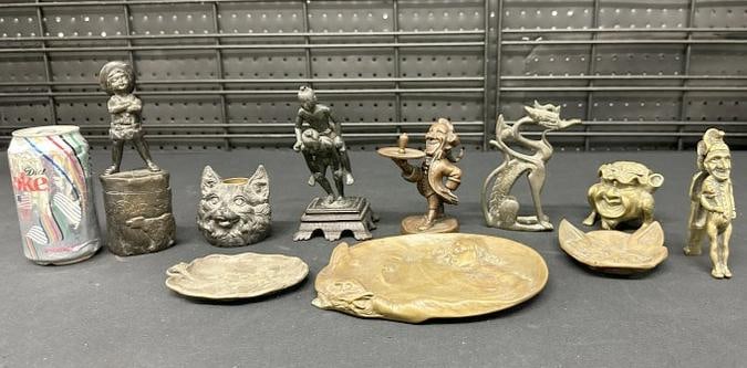 (10) bronze and (1) non bronze objects, from local estate, the (1) non bronze is a cat head inkwell, (1 of 12)