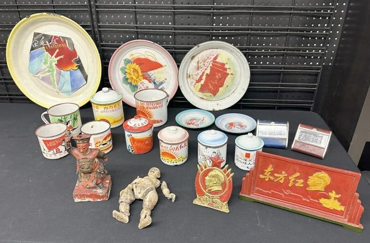 Lot of enamelware Chinese Cultural Revolution plates, cups, some with lids, (2) metal placques, and (1 of 8)