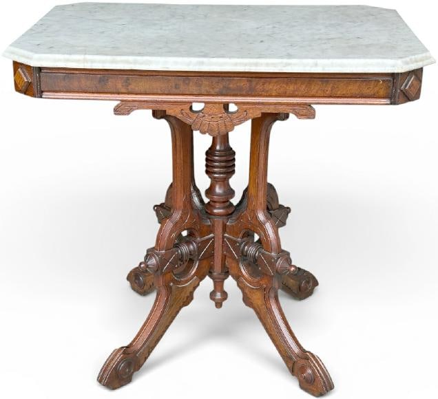 Walnut Eastlake marble top rectangular table, structurally sound, from fine home in the Hudson (1 of 1)