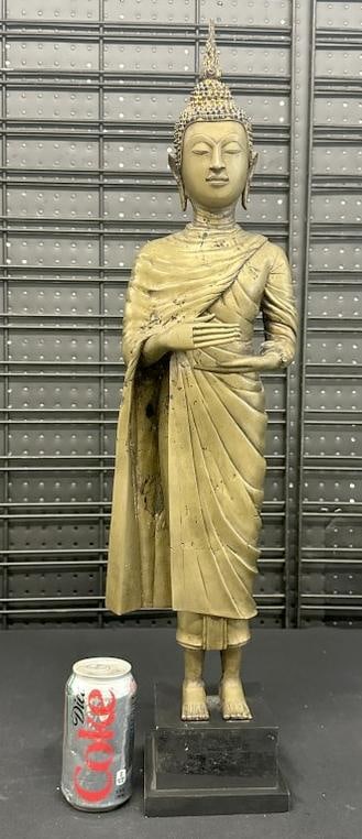28" high brass Buddha statue on wood base, nice overall condition, from estate collection we are: 28" high brass Buddha statue on wood base, nice overall condition, from estate collection we are selling.