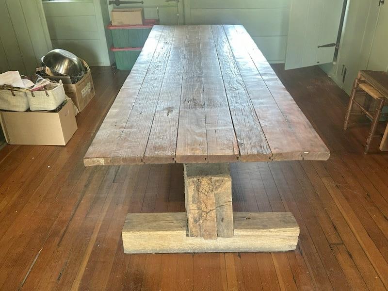 Wonderful country farm dining table built from 18th century beams from the farmhouse in New Paltz,: Wonderful country farm dining table built from 18th century beams from the farmhouse in New Paltz, New York, comes apart easily, very heavy base, was used in the kitchen till we just removed it last w
