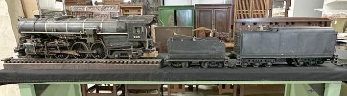 Wonderful 39" long steam engine with tender & coal car, excellent detail and workmanship, just as we: Wonderful 39" long steam engine with tender & coal car, excellent detail and workmanship, just as we found them in a Hudson Valley estate we are selling. Truly a wonderful lot, engine sits on a piece 
