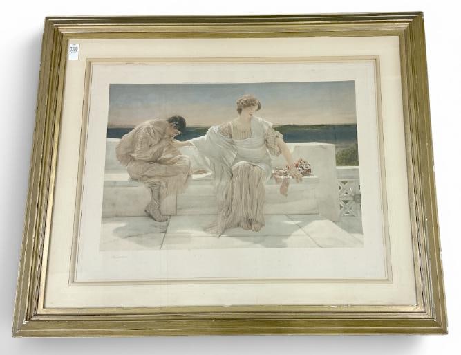 Sir Lawrence Alma-Tadema (1836-1912 ) pencil signed framed color print titled ( ASK ME NO MORE ),: Sir Lawrence Alma-Tadema (1836-1912 ) pencil signed framed color print titled ( ASK ME NO MORE ), nice overall condition, has a small tear in upper right border, Copyright 1906, image measures 24" x 3