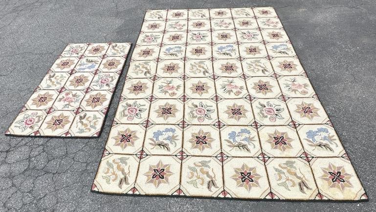 (2) handmade wool rugs from fine home in Hudson Valley, nice overall condition, they measure 101" x: (2) handmade wool rugs from fine home in Hudson Valley, nice overall condition, they measure 101" x 64.5" and smaller one measures 52.5" x 29.5".
