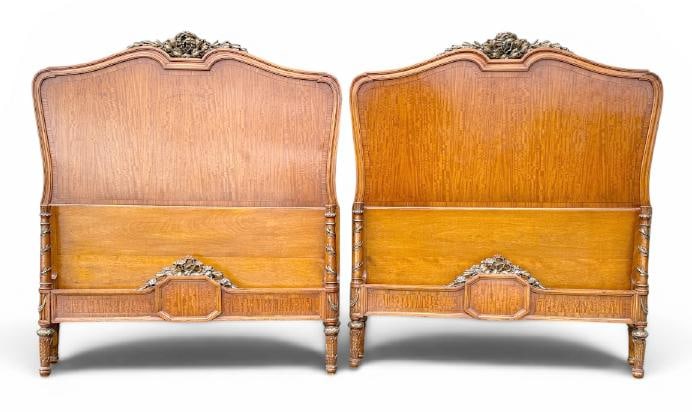 Fabulous satinwood pair of single bed frames with headboard and footboards, nice overall condition, (1 of 4)