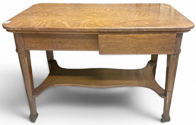 Circa 1910 quarter sewn oak library table with a drawer on each side, structurally sound, original: Circa 1910 quarter sewn oak library table with a drawer on each side, structurally sound, original finish, from fine home in Hudson Valley, measures 30" high x 44" wide x 28" deep, has a little carvin