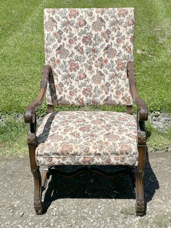 Very nice circa 1900 walnut carved upholstered armchair, from fine home in Hudson Valley, (1 of 3)