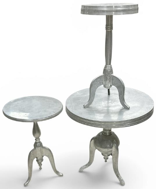 (3) nice aluminum round top stands, from local estate in Hudson Valley, nicely worn patina, to show: (3) nice aluminum round top stands, from local estate in Hudson Valley, nicely worn patina, to show scale the largest measures 22" high x 22" across the top?..