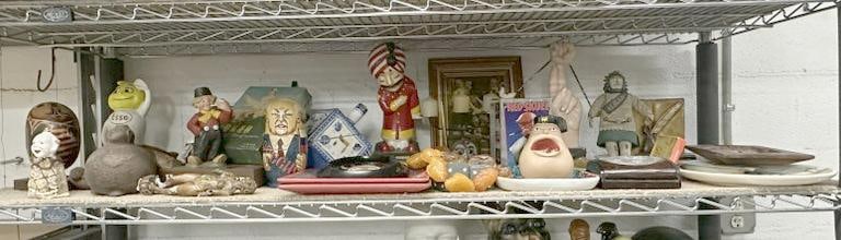 Estate shelf lot of misc. interesting items, advertising, porcelains, and more as pictured, good lot (1 of 12)