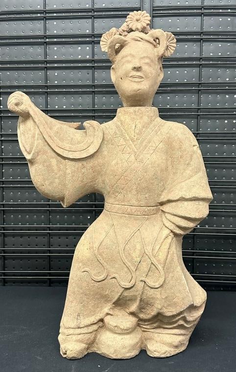 Chinese 30" high terracotta (2) part figure ( head lifts off ), nice overall condition, from (1 of 3)