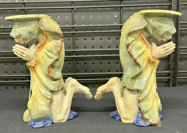 Pair of unusual ceramic candlesticks with figure praying, marked on bottom as pictured, nice estate (1 of 5)