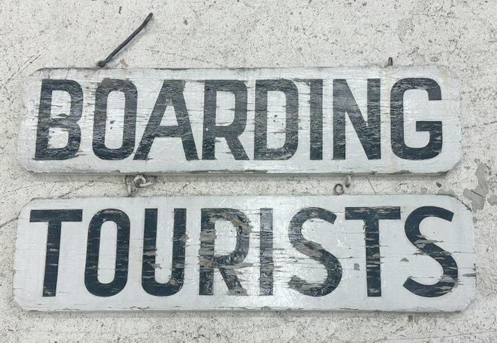Hanging hand painted double sided ( BOARDING & TOURISTS ) signs from local estate in Hudson Valley, (1 of 1)