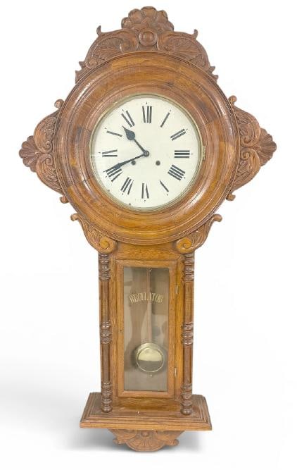 Estate large REGULATOR wall clock with carved top, bottom and sides, has key and pendulum, measures (1 of 1)