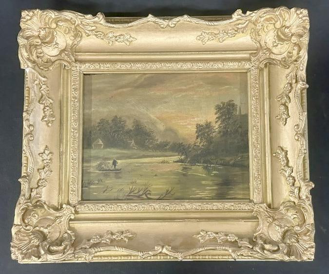 19th c o/b landscape with Man in boat on river , mountains and luminous sky in background, unsigned, (1 of 3)