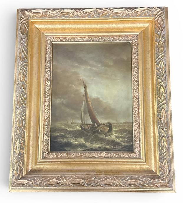 Jean Michel Laurent (b 1950 ) seascape with sailboats oil on wood panel, signed lower right as (1 of 3)