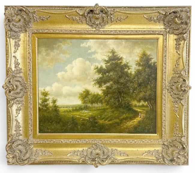 Continental oil on wood panel landscape signed ( VAN MEYER ), in nice contemporary decorative frame, (1 of 3)