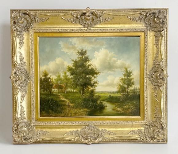 Continental oil on wood panel landscape signed ( VAN MEYER ), in nice contemporary decorative frame, (1 of 4)