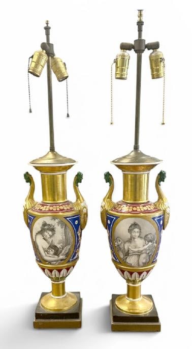 Wonderful pair Old Paris decorative porcelain table lamps with fabulous design and form on all (1 of 7)