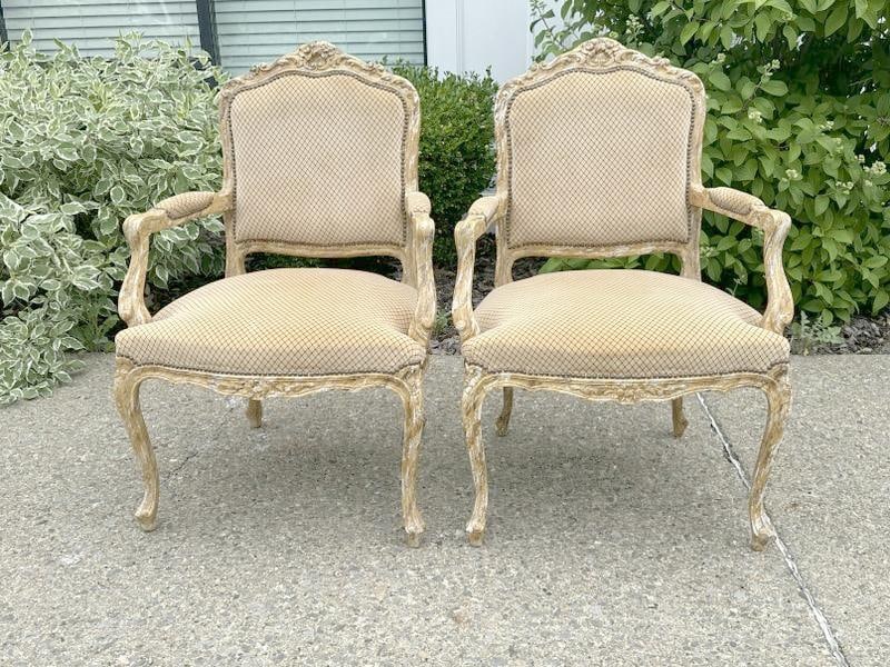 Pair of decorative French style carved armchairs, structurally sound, nice material, from nice (1 of 3)