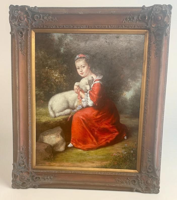 Contemporary o/c painting of young Woman holding a sheep, unsigned, in contemporary fancy frame, (1 of 3)
