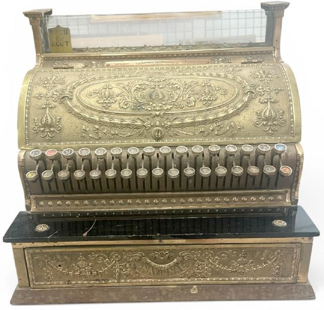 NATIONAL Brass Cash Register Model 243, some keys open the drawer, some do not, nice old patina, (1 of 7)