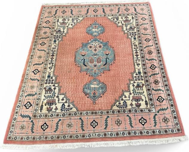 Handmade wool oriental rug, measures 81" x 70", from Woodstock, N.Y. home, a few light dirt spots?.: Handmade wool oriental rug, measures 81" x 70", from Woodstock, N.Y. home, a few light dirt spots?.
